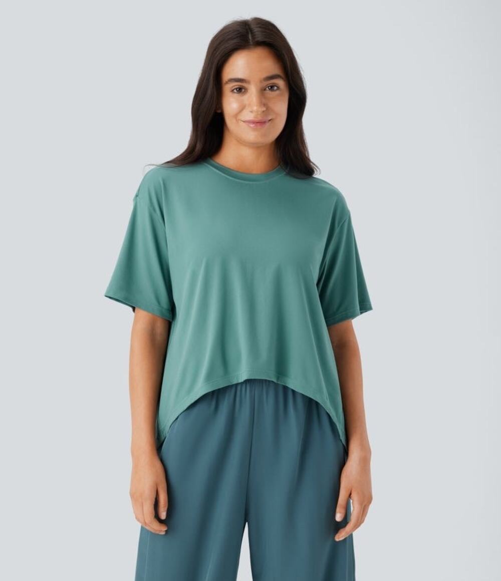 Halara Round Neck Short Sleeve High Low Asymmetric Hem Casual Top Size Small